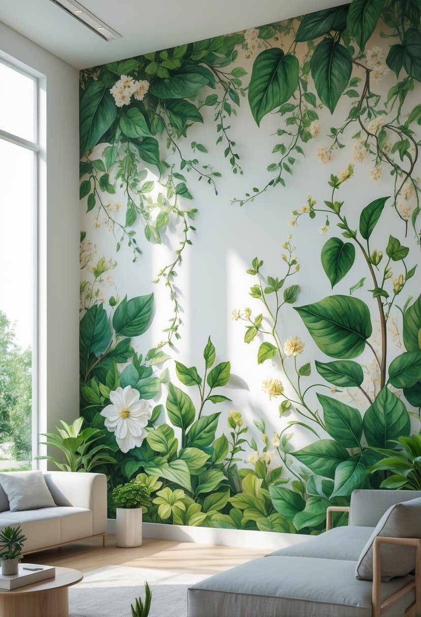 A bright room with a large wall covered in a detailed botanical mural featuring green leaves and flowers, with modern furniture in front.