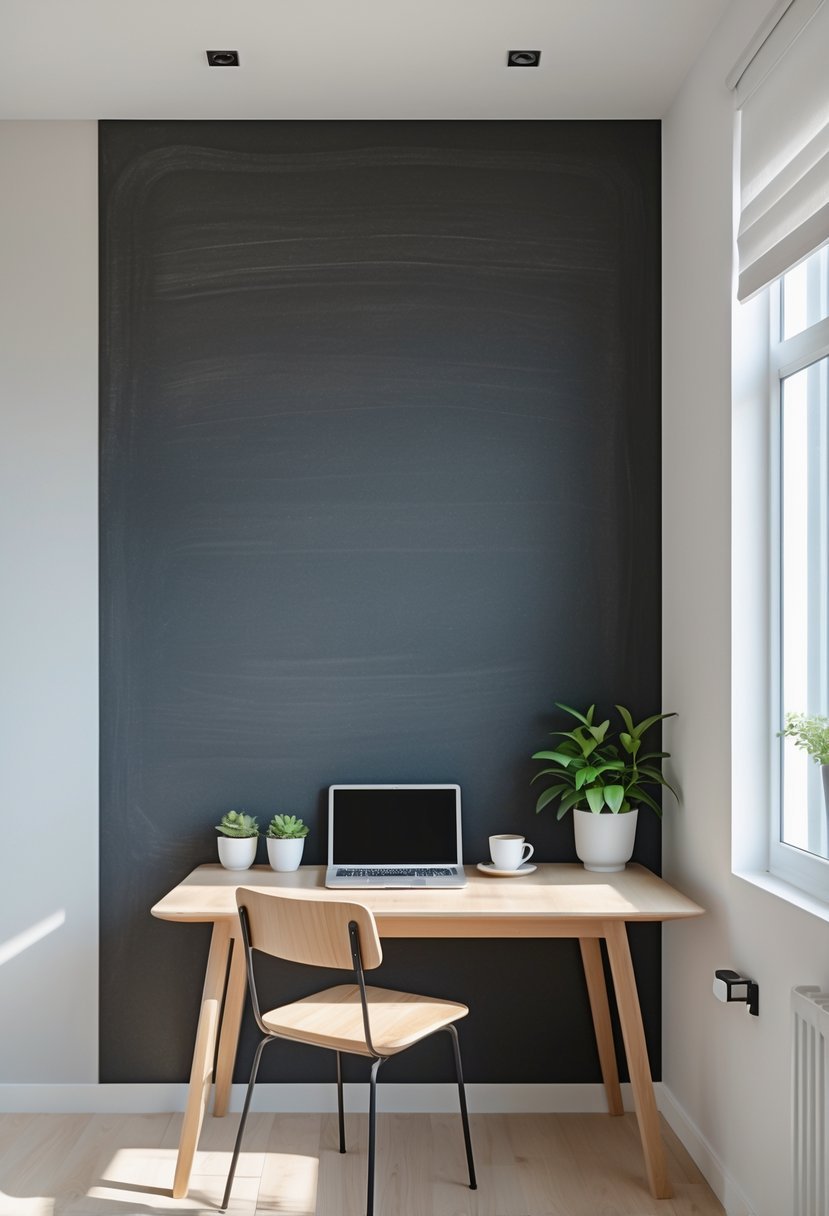A room with a charcoal grey chalkboard accent wall, a wooden desk with a plant and coffee cup, illuminated by natural light.
