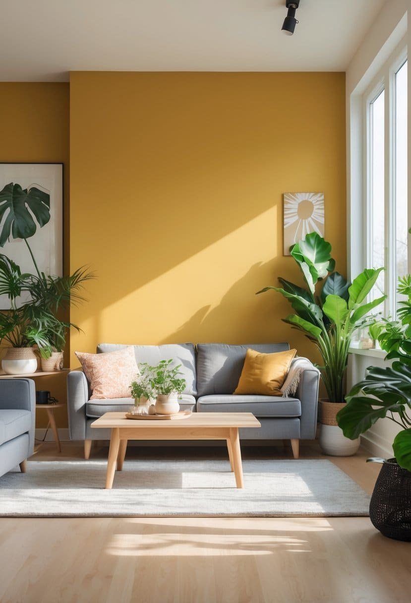 A living room with a large mustard yellow accent wall, gray sofa, wooden coffee table, green plants, and sunlight coming through windows.