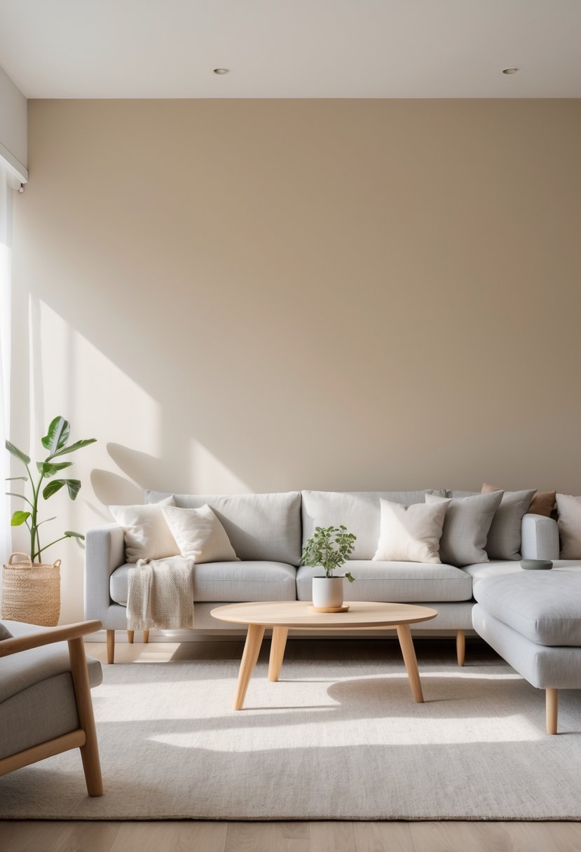 A living room with a beige accent wall, a gray sofa, wooden coffee table, and a small plant.