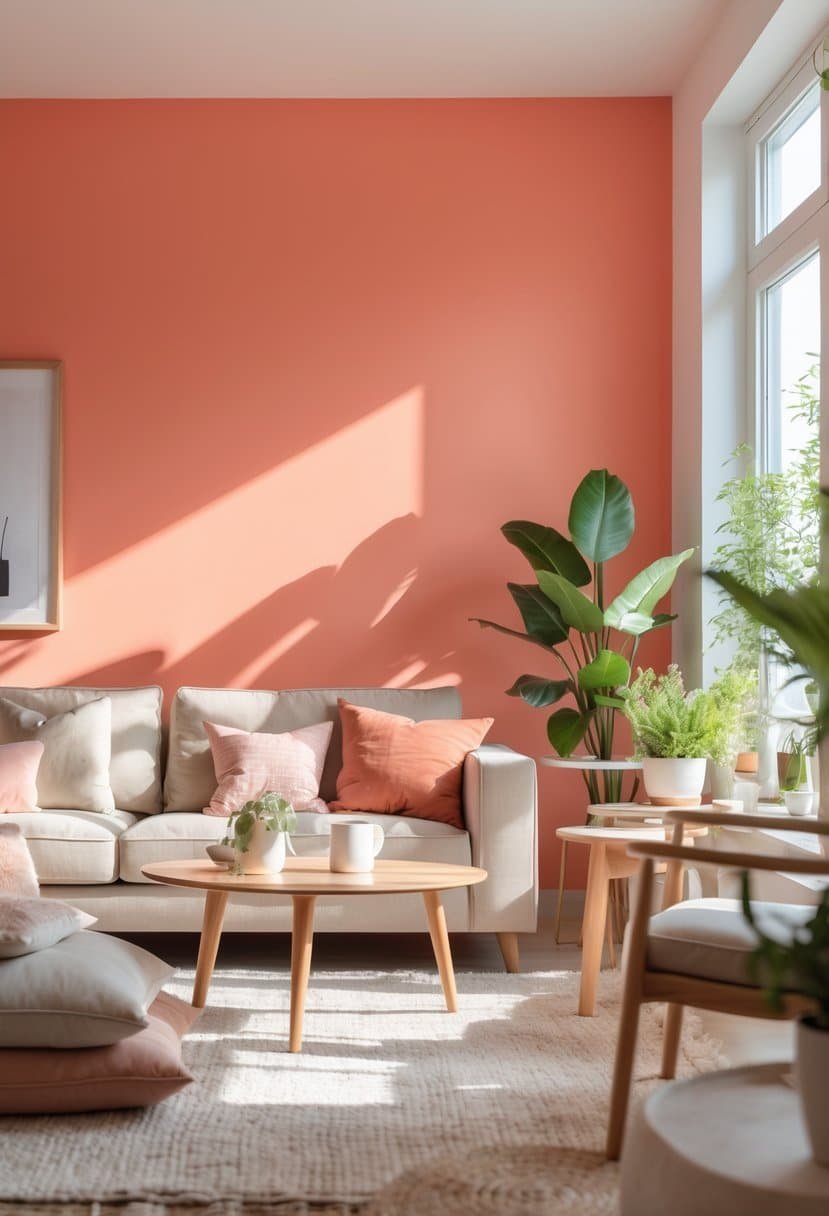 A living room with a vibrant coral accent wall, modern furniture, and natural sunlight coming through large windows.