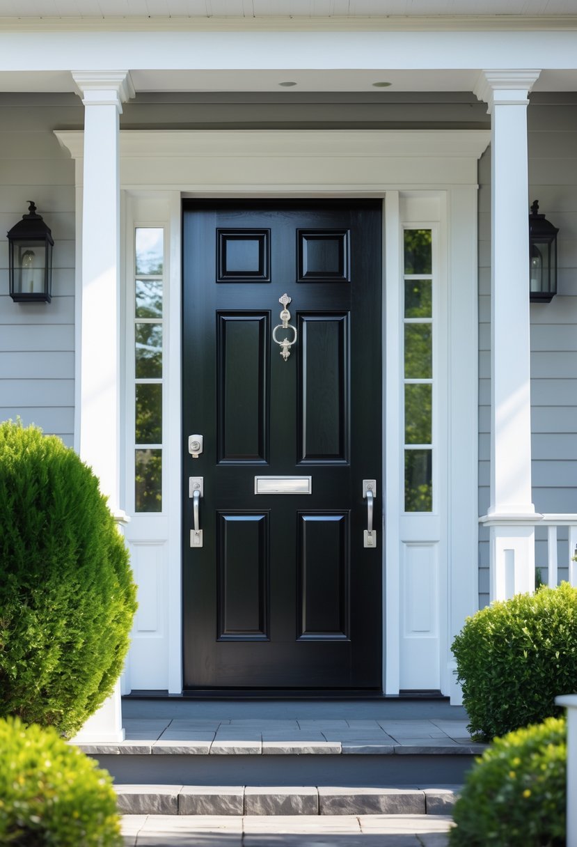 A black front door with white trim, a silver handle, and a stone pathway surrounded by green shrubs.