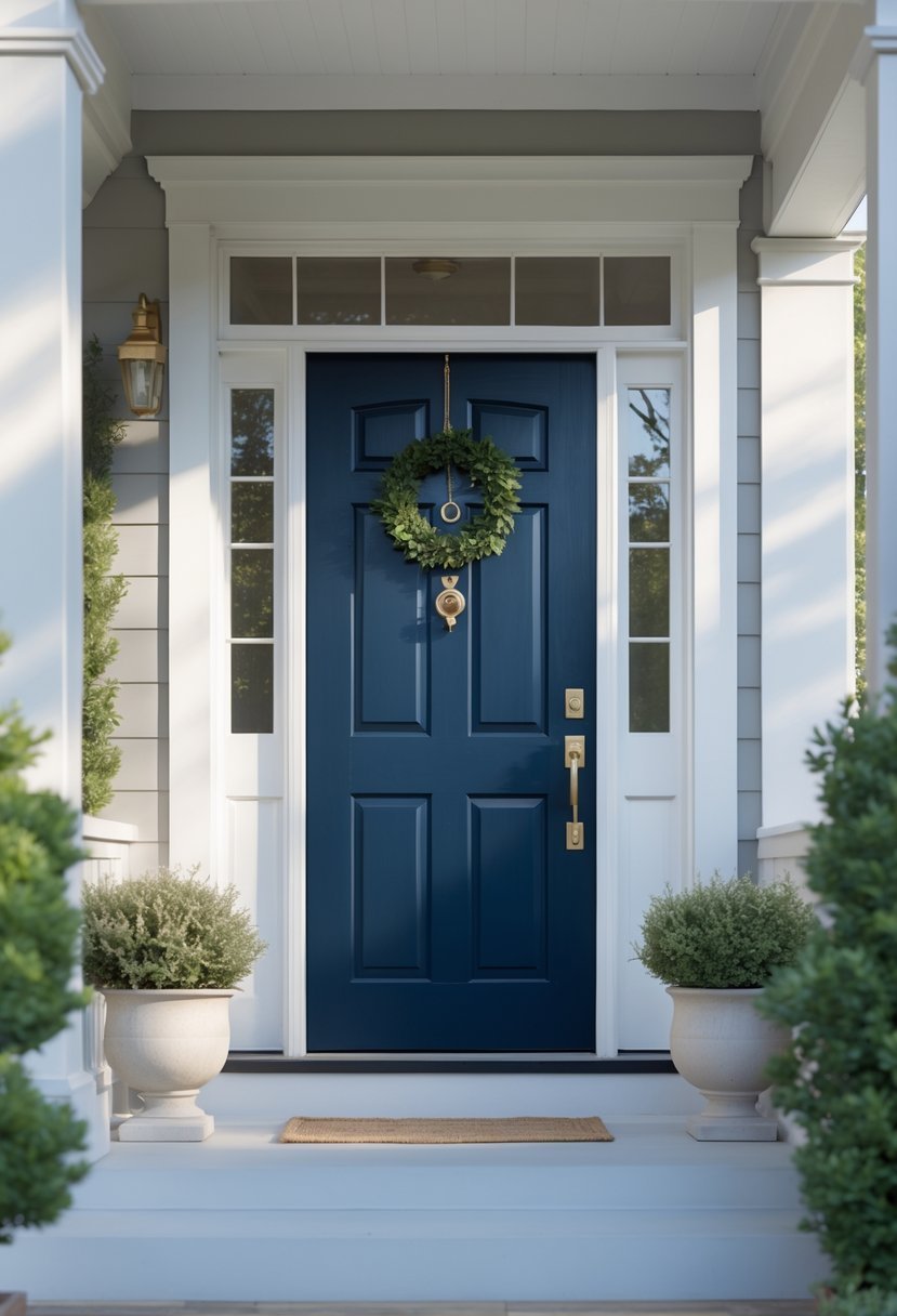 Front door painted navy blue on a house exterior with plants on either side.