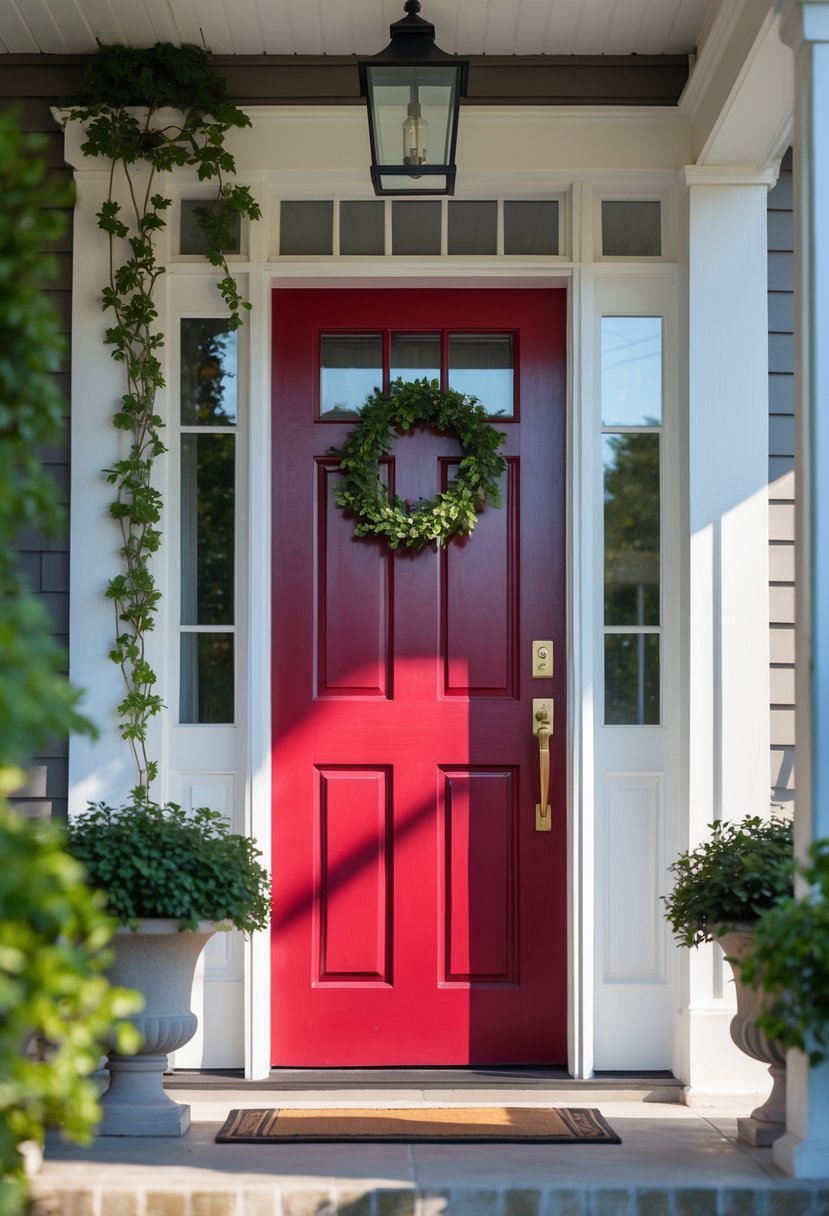 A front door painted bright cherry red on a house with plants around the entrance.
