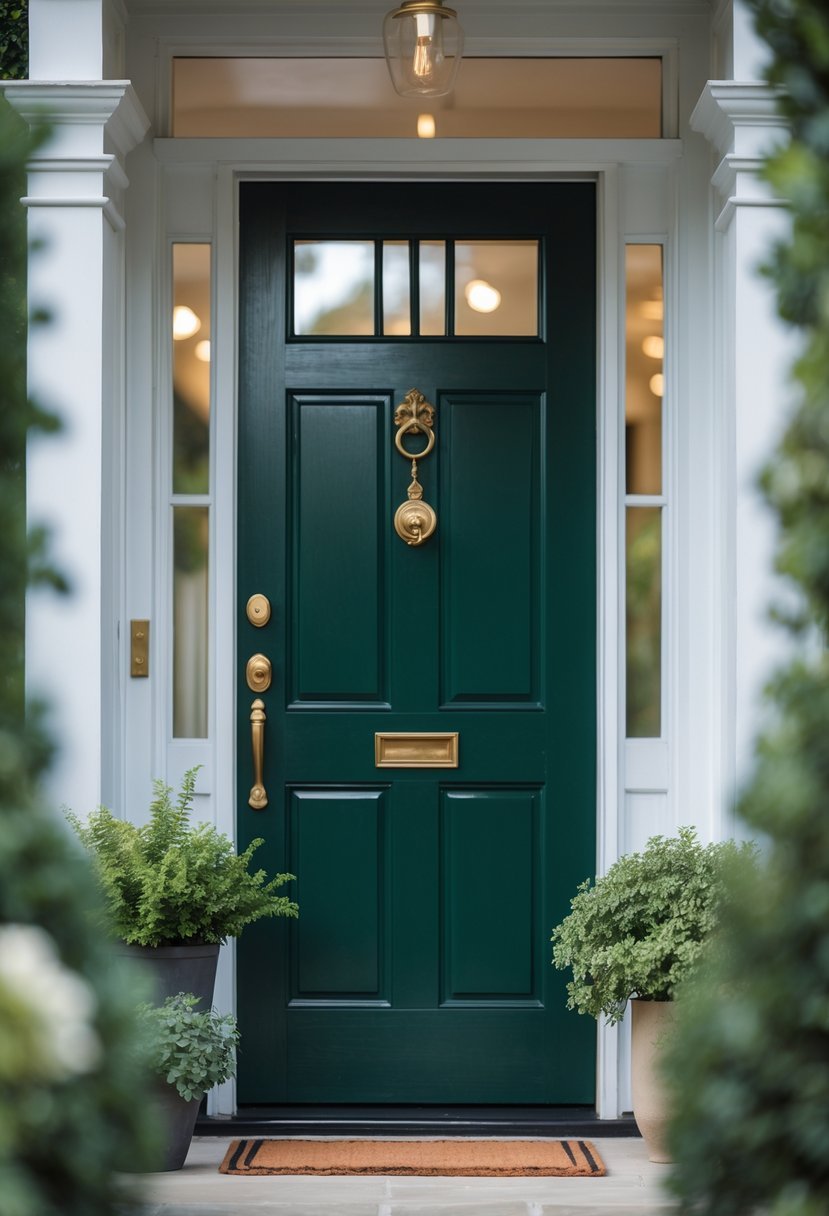 Close-up of a front door painted hunter green with brass hardware and plants nearby.