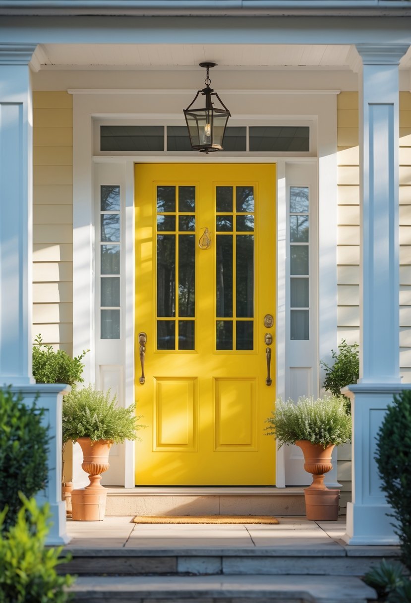 A front entrance with a sunny yellow painted door surrounded by white trim and potted plants on a porch.