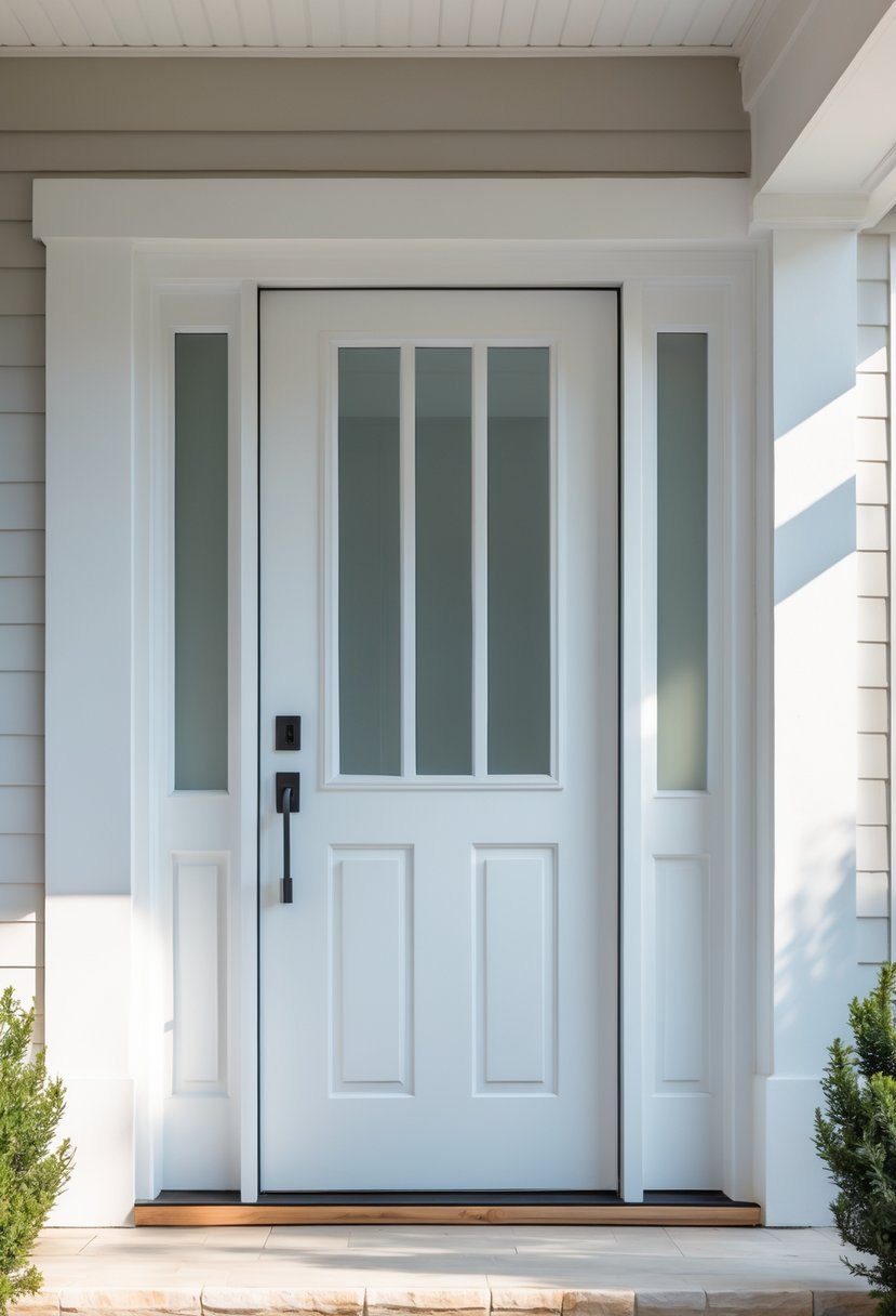 Front door painted in crisp white on a modern house exterior with a small porch and natural stone flooring.