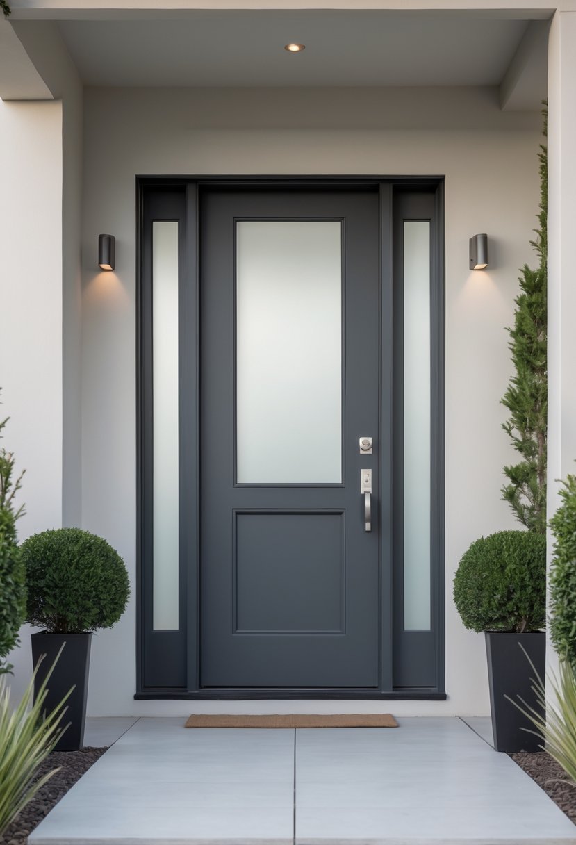 A modern front door painted charcoal gray with plants on either side and a clean entrance area.