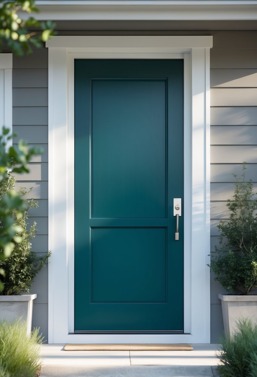 A modern front door painted deep teal with plants on either side at the entrance of a house.