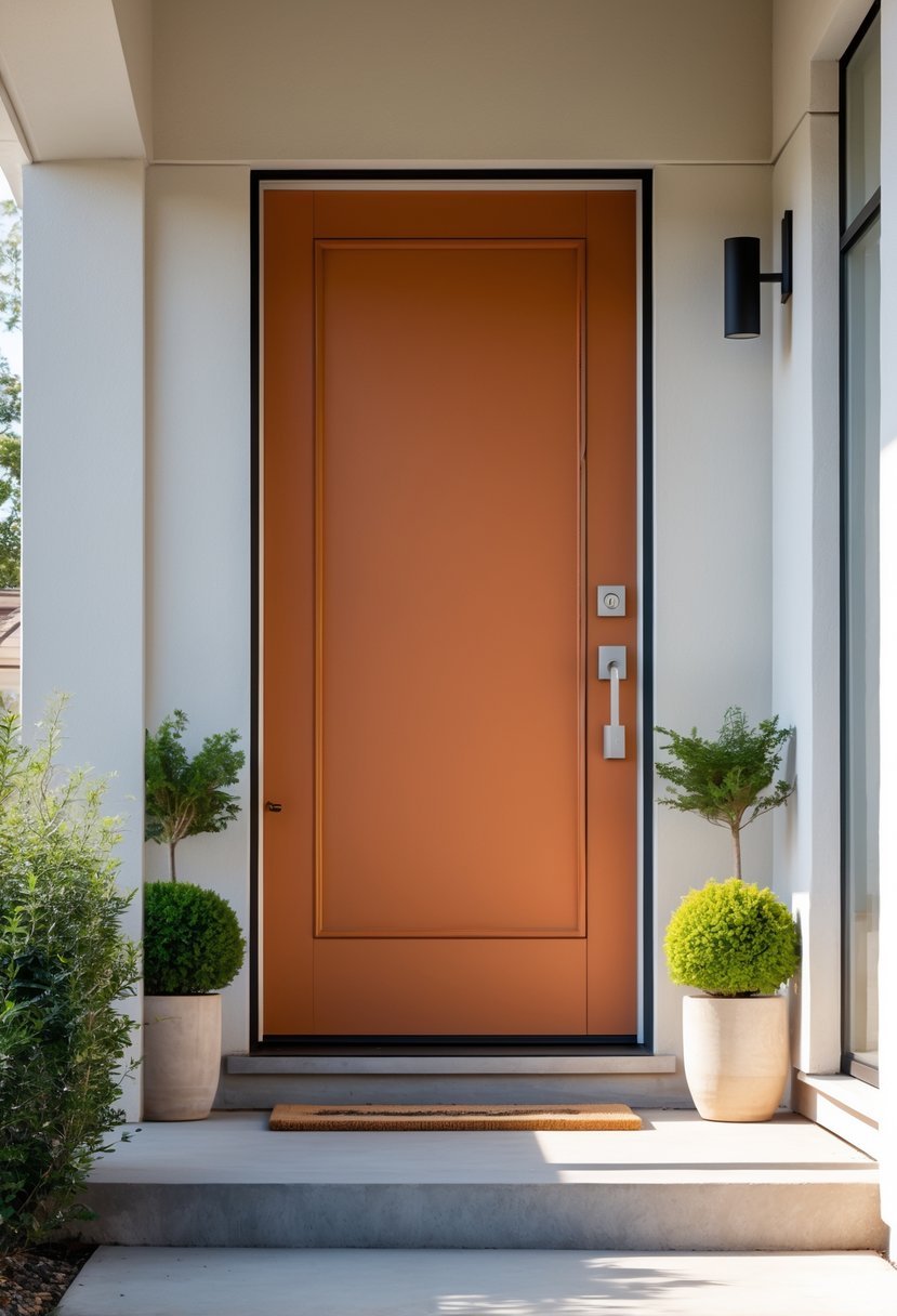 A modern front door painted burnt orange with plants around the entrance of a house.