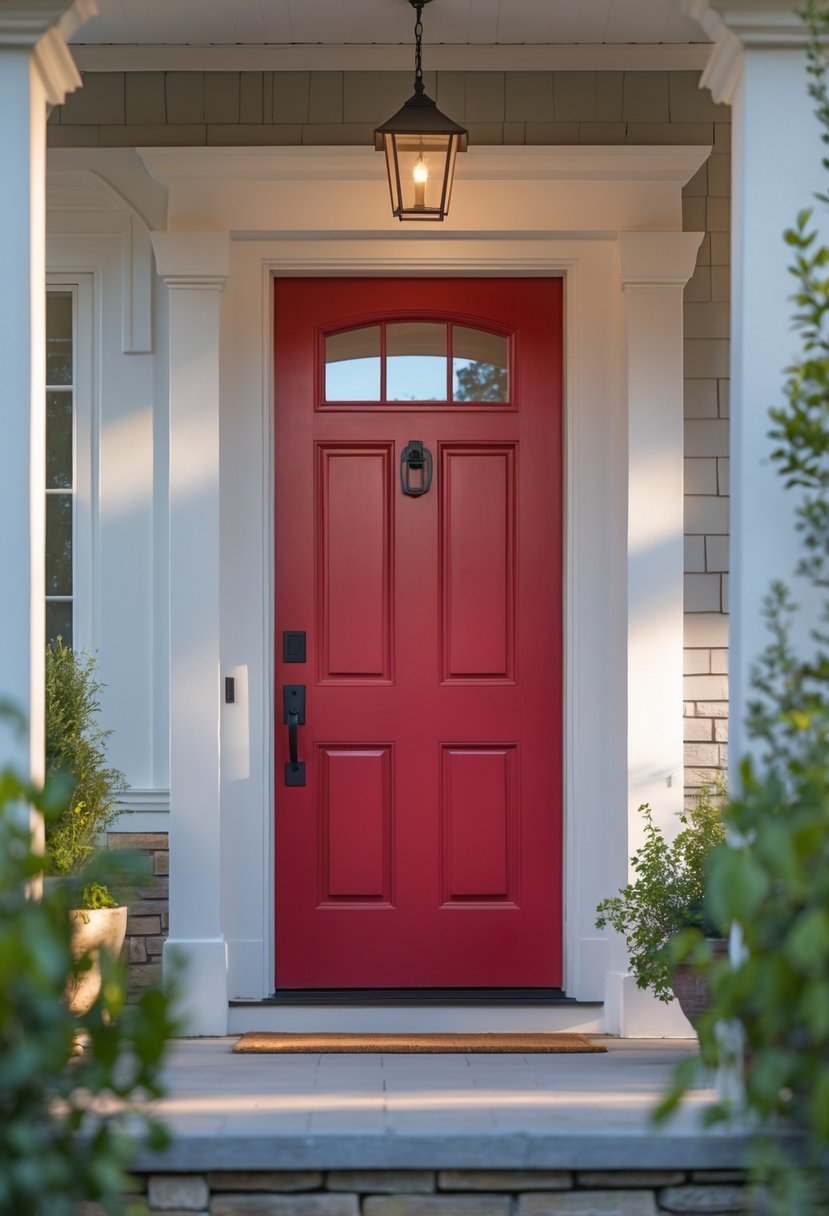 A front door painted in vibrant red with plants and stonework around it.