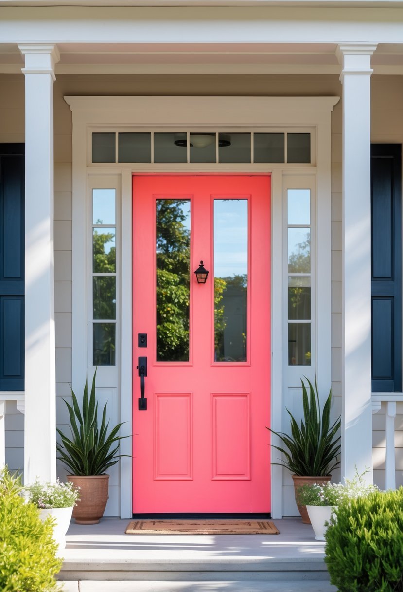 A bright coral-colored front door on a house with a porch and potted plants.