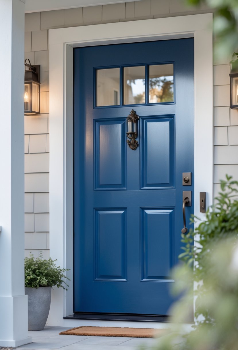 A front door painted in sapphire blue with neutral walls and potted plants at the entrance.