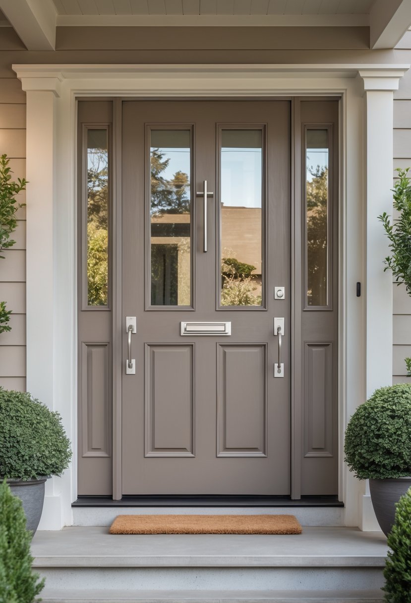 Front entrance of a house with a warm taupe-colored door surrounded by plants and neutral exterior walls.