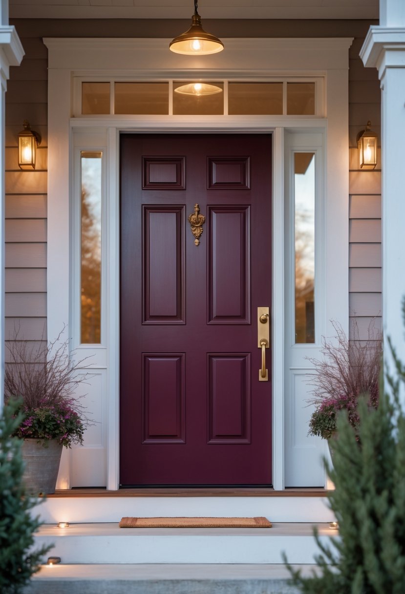 A front door painted in rich burgundy color with a clean porch and plants around the entrance.