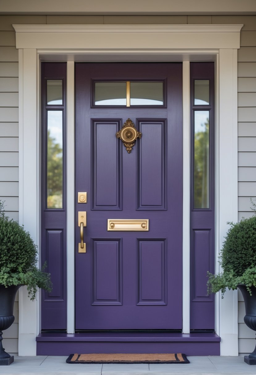 A front door painted in deep eggplant purple with brass hardware, framed by a clean entrance and greenery.
