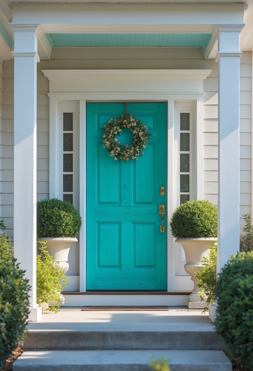 A front entrance with a vibrant turquoise painted door surrounded by plants and neutral-colored walls.