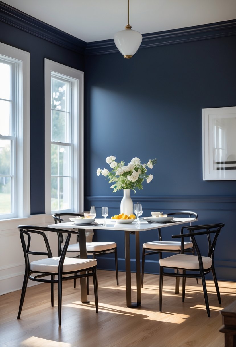 Dining room with deep navy blue walls, a wooden dining table with chairs, natural light from windows, and simple decorations.