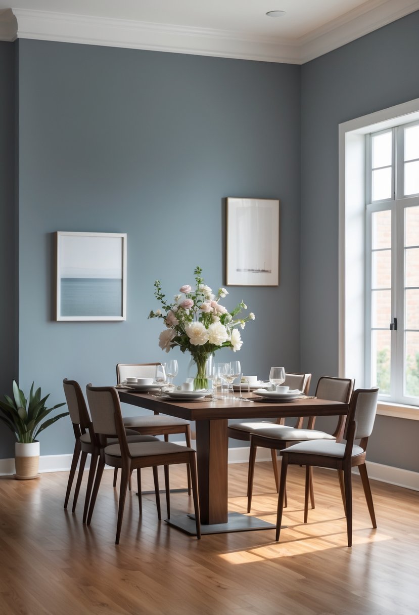 A modern dining room with gray-blue walls, a wooden dining table, chairs, and natural light coming through large windows.