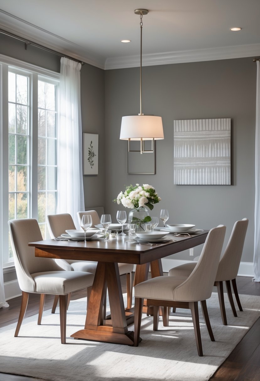 A dining room with gray walls, a wooden table set for a meal, upholstered chairs, and natural light coming through windows.