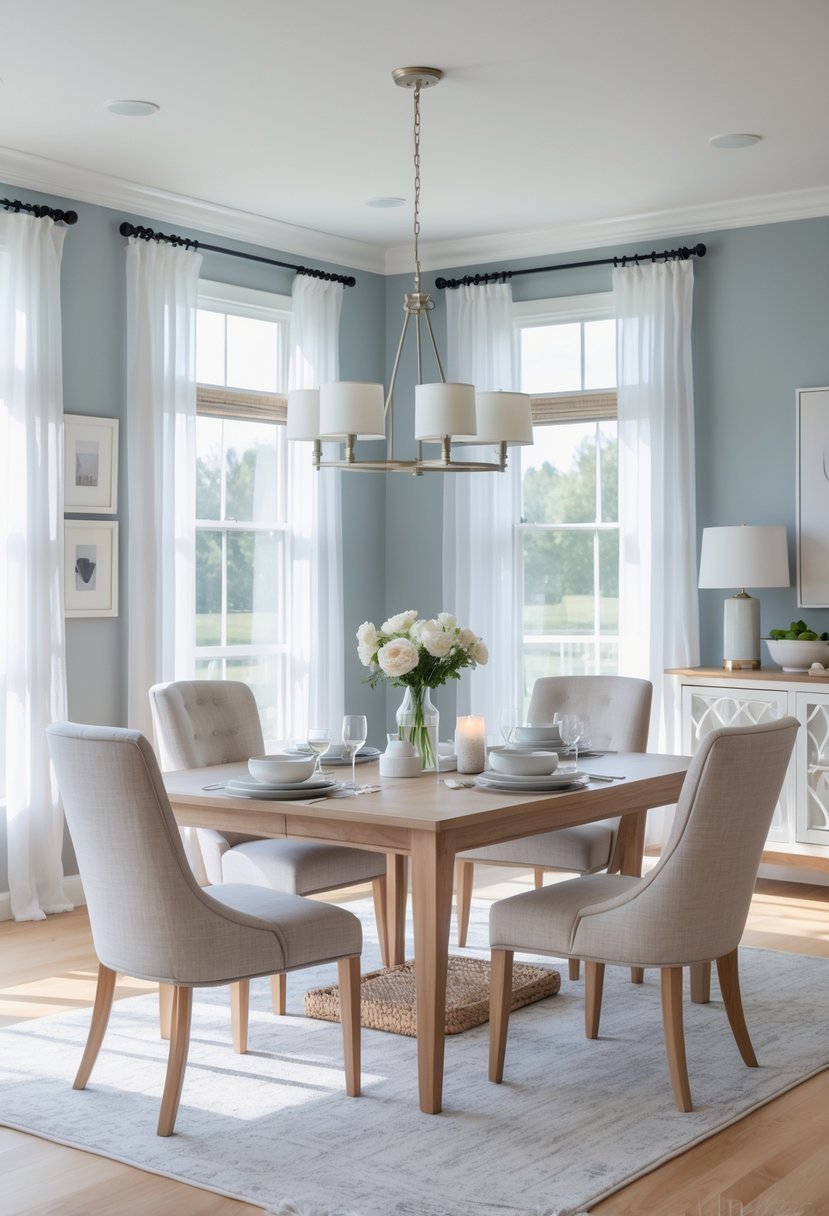 Dining room with a wooden table and upholstered chairs, painted in a soft blue-gray color, lit by natural light from large windows.