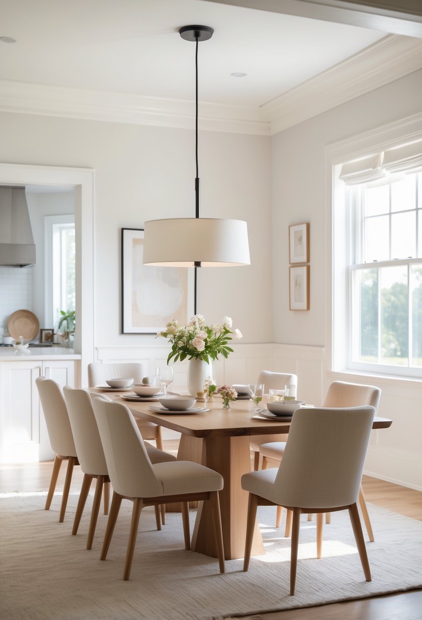 A bright dining room with white walls, a wooden table, upholstered chairs, and natural light coming through large windows.