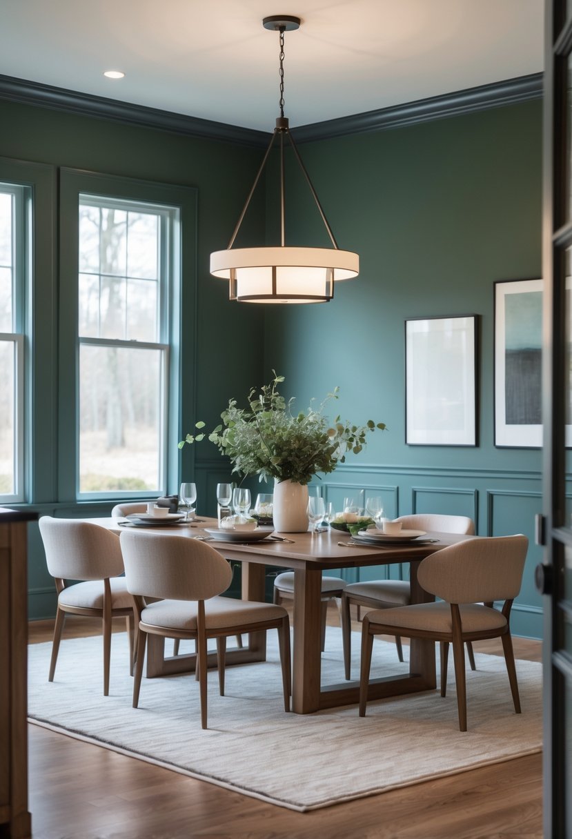 A dining room with green walls, a wooden table, upholstered chairs, natural light, and a centerpiece of fresh greenery.
