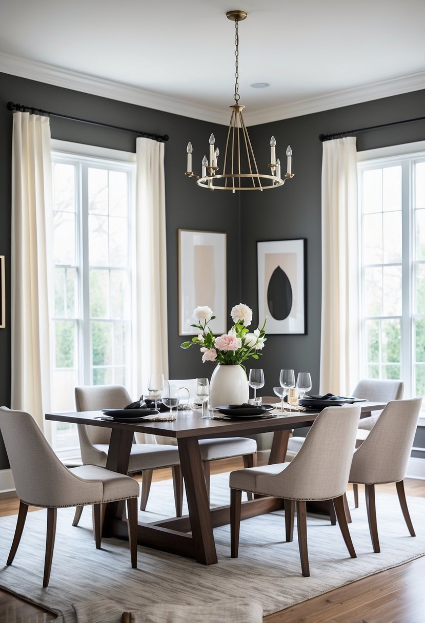 Dining room with charcoal gray walls, wooden dining table, upholstered chairs, and natural light coming through large windows.