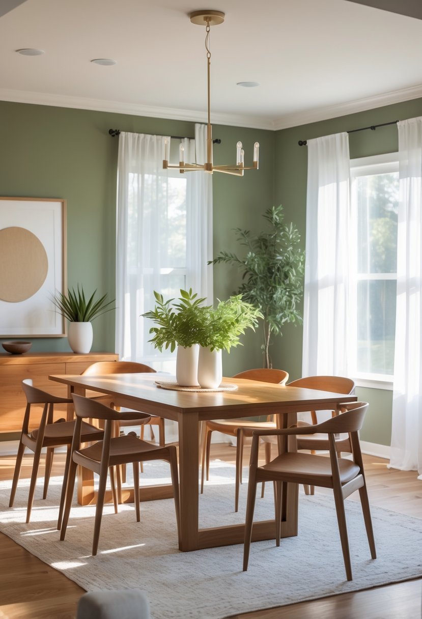 A dining room with green painted walls, a wooden dining table, chairs, plants, and large windows letting in natural light.