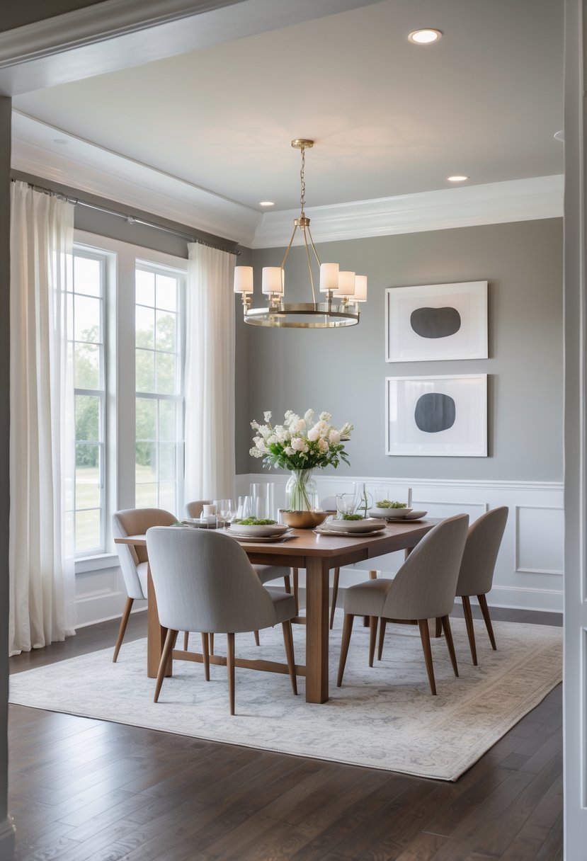 A dining room with soft gray walls, a wooden table set for a meal, upholstered chairs, and natural light coming through windows.