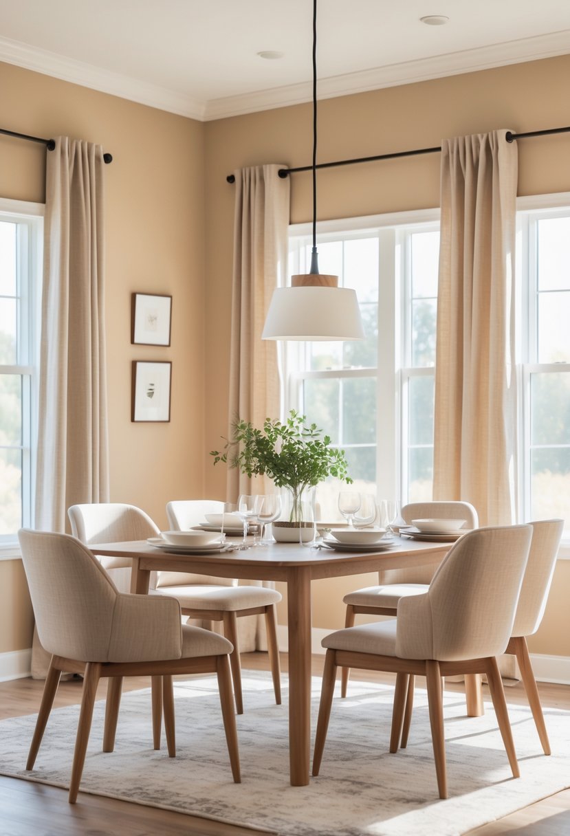 A dining room with beige walls, a wooden table set for a meal, upholstered chairs, and natural light coming through windows.