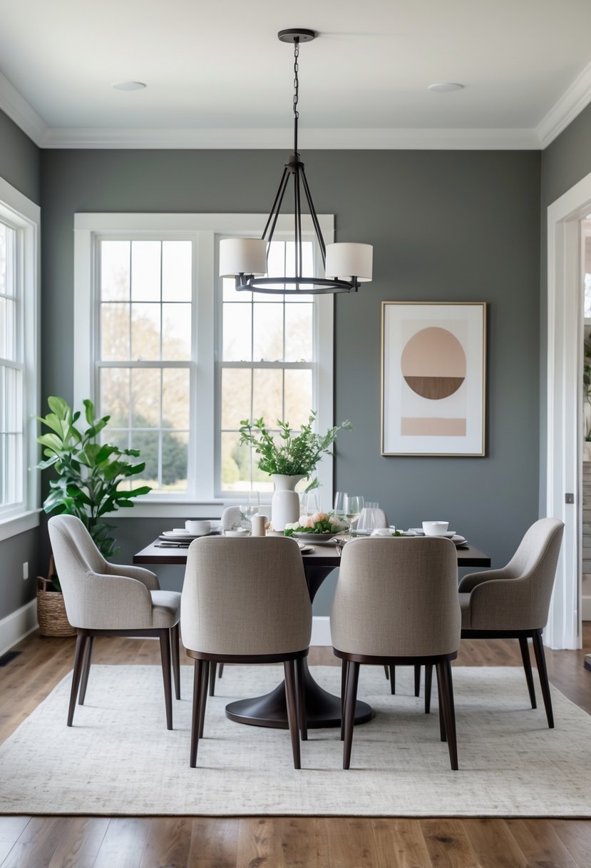 Dining room with a large table set for a meal, surrounded by chairs and large windows letting in natural light.