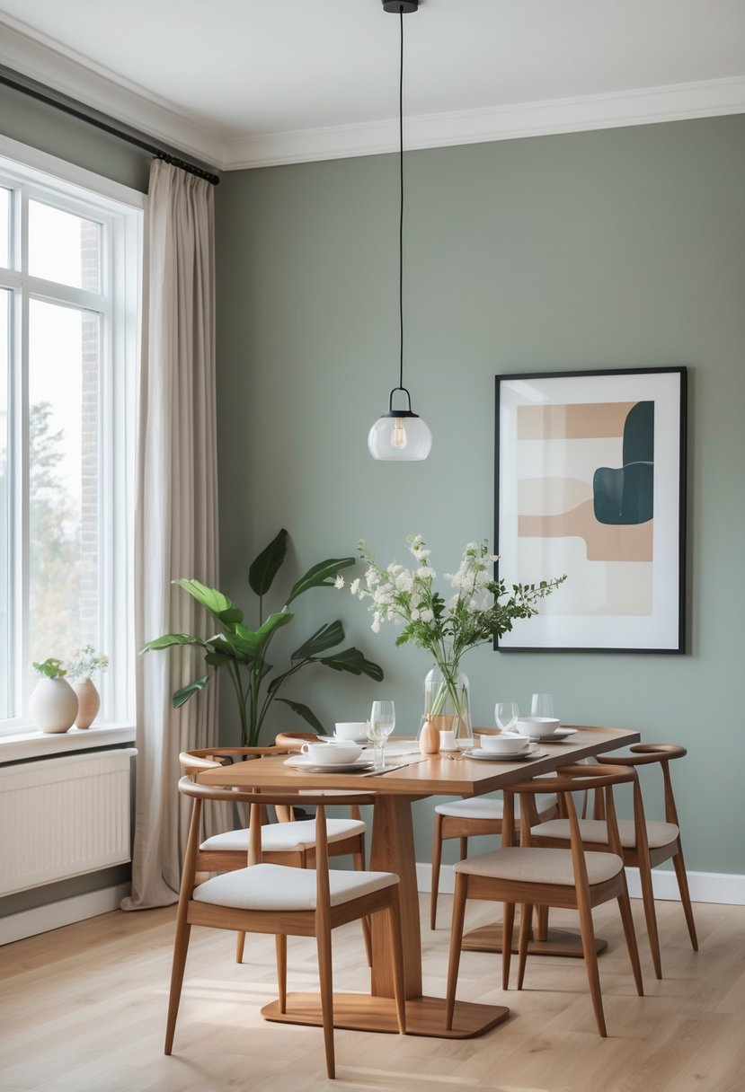 A dining room with greenish-gray walls, a wooden table with chairs, natural light from windows, and simple decorative elements.