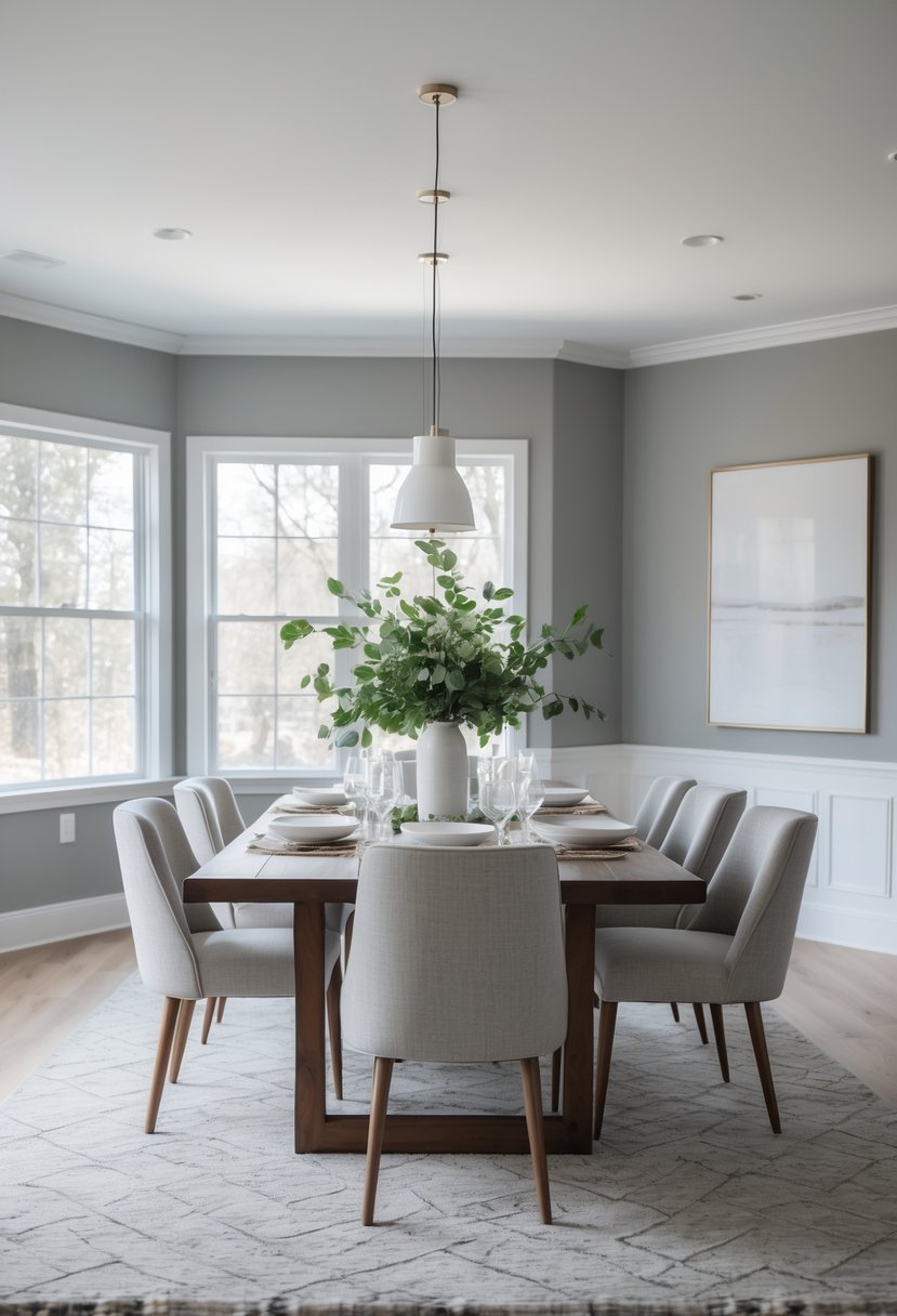A dining room with gray painted walls, a wooden table, chairs, and natural light coming through large windows.