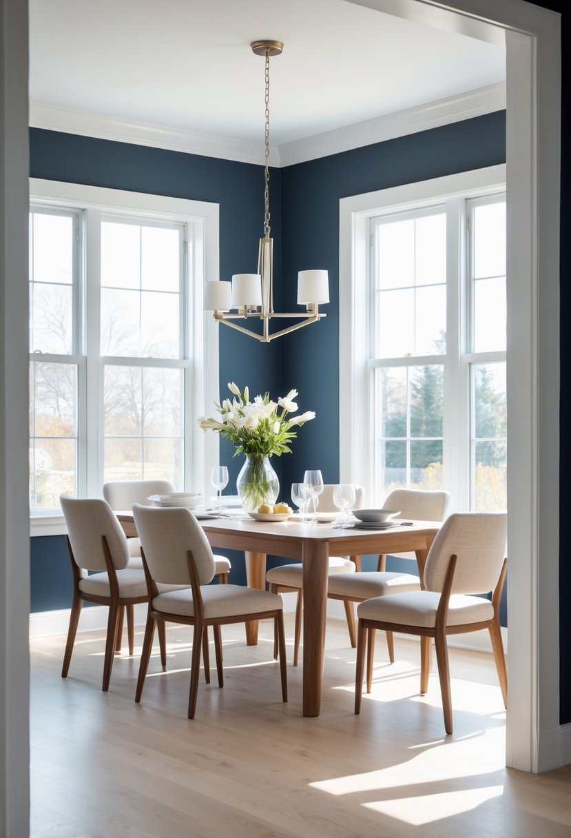 Dining room with navy blue walls, wooden table, upholstered chairs, large windows, and a chandelier.