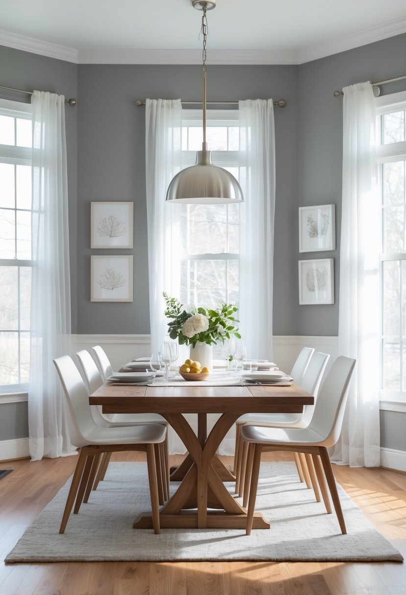 A dining room with gray walls, a wooden table set with white chairs, natural light from large windows, and simple decor.