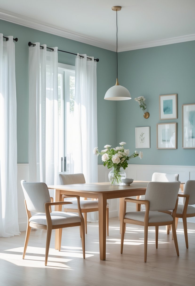 A dining room with blue-green painted walls, a wooden dining table, chairs, and natural light coming through sheer curtains.
