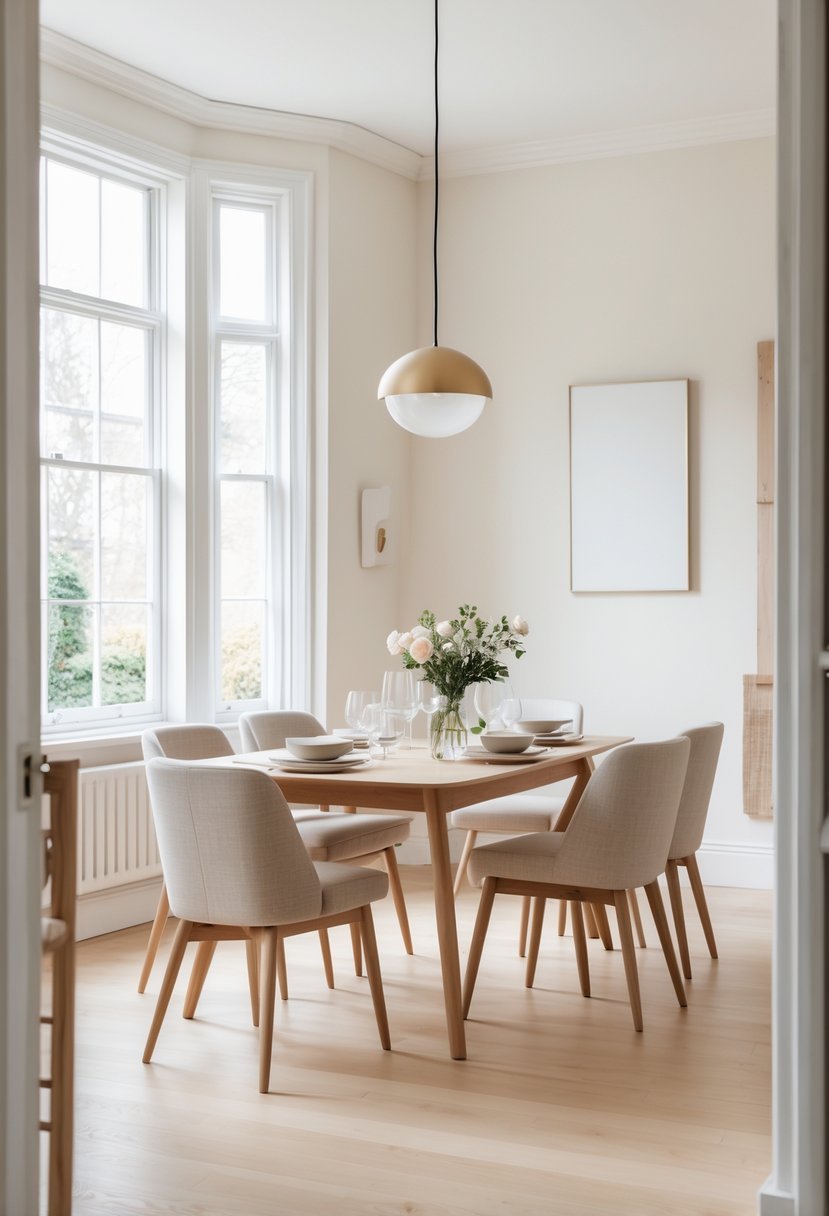 A bright dining room with soft off-white walls, a wooden table, upholstered chairs, and natural light coming through large windows.