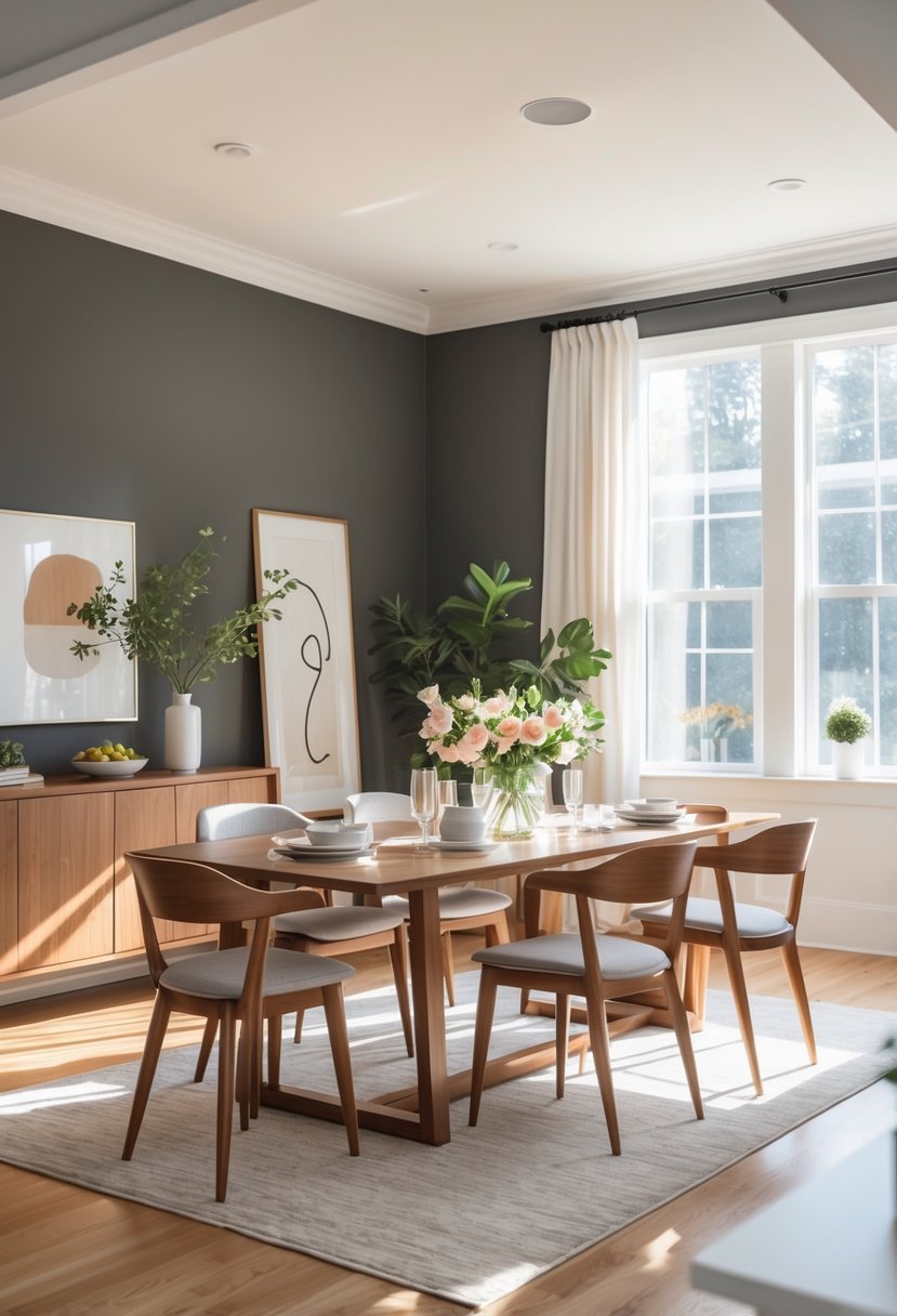 Dining room with charcoal gray walls, wooden table, chairs, and natural light coming through windows.