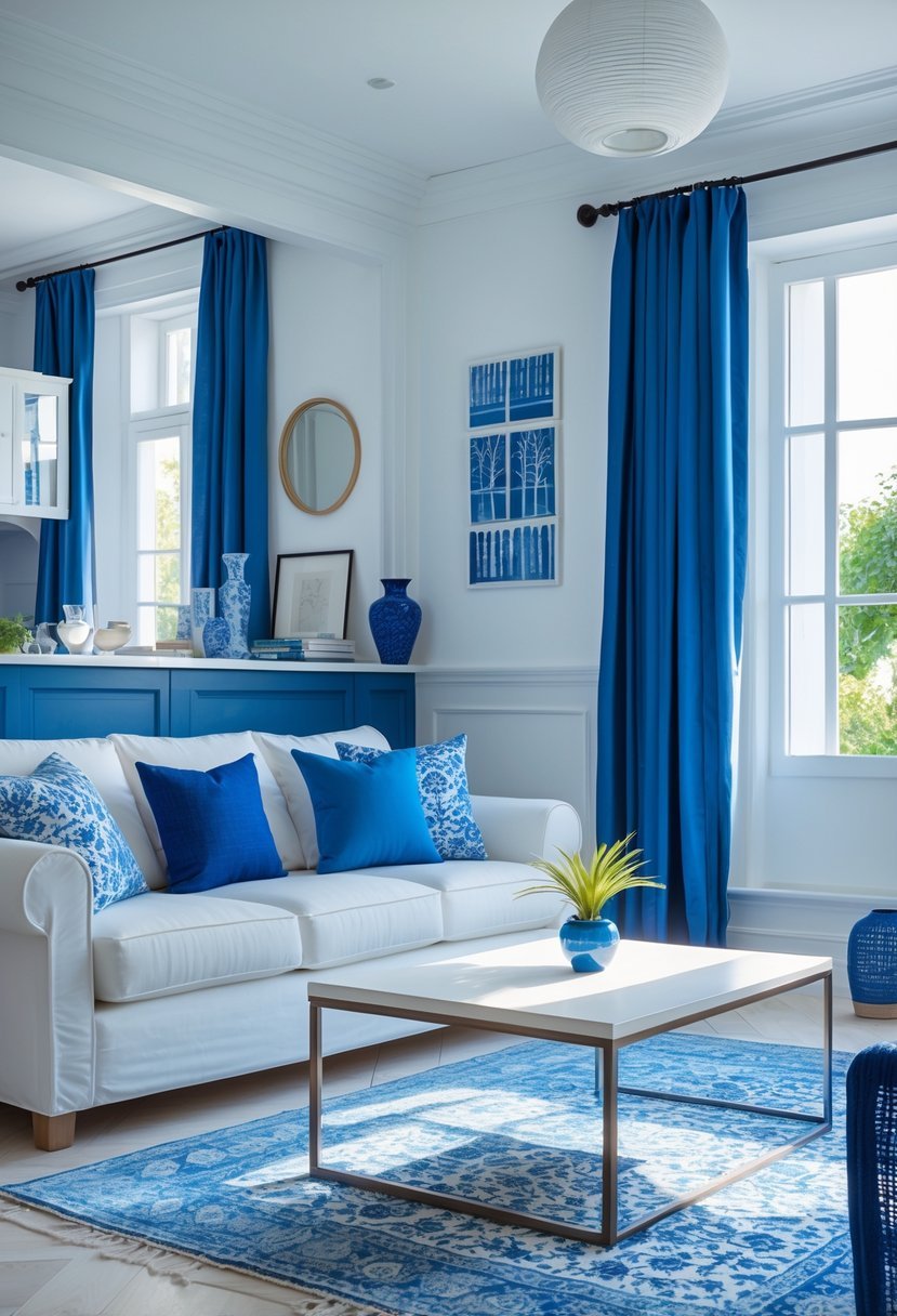 A living room with white walls, a white sofa with blue pillows, blue curtains, and a blue patterned rug, lit by natural light from large windows.