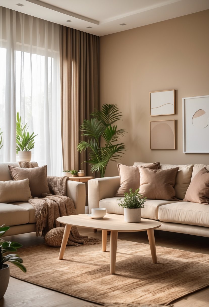 A living room with a beige sofa, wooden coffee table, cream-colored walls, and potted plants.