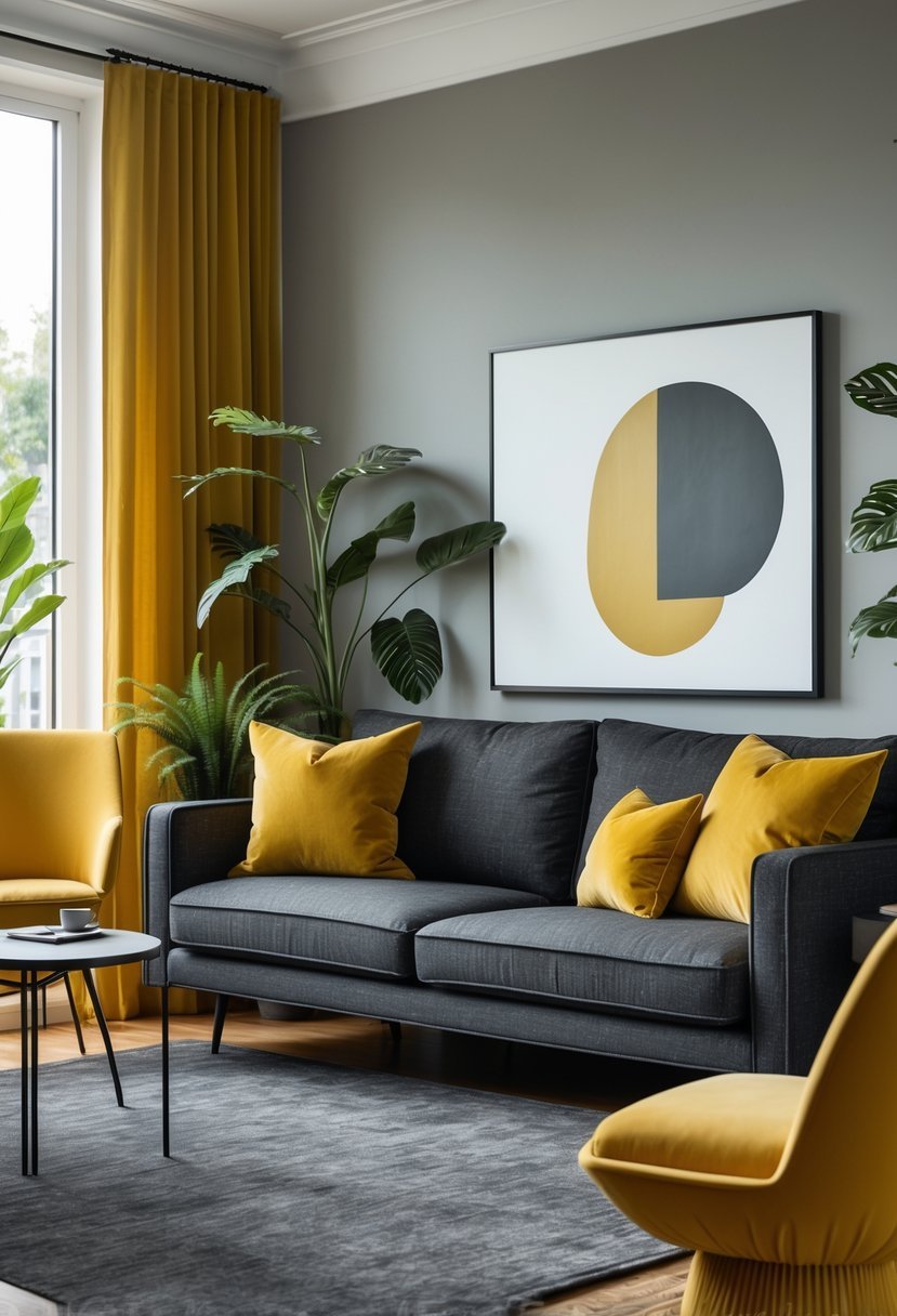 A living room with a charcoal gray sofa, mustard yellow cushions and chair, large windows, and indoor plants.