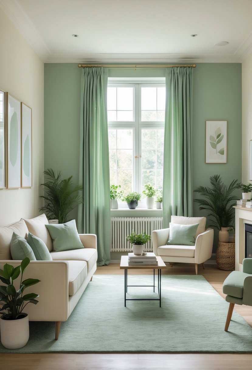 A living room with cream walls and soft sage green accents, including cushions and curtains, with natural light and wooden flooring.