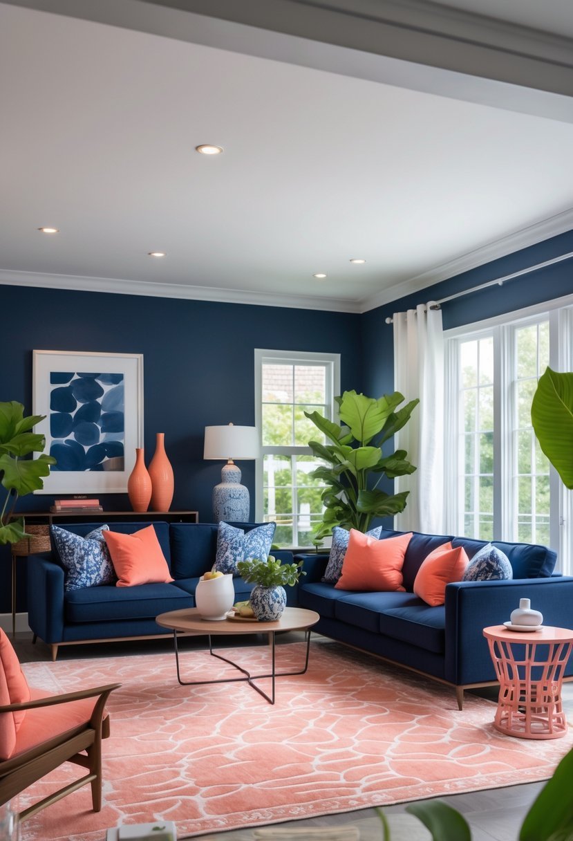 Living room with navy blue walls and furniture, coral-colored accents, large windows, and indoor plants.