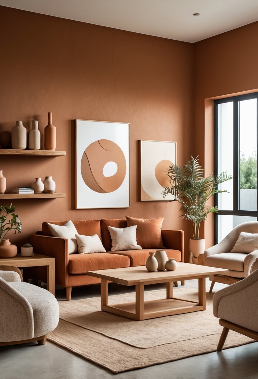 Living room with terracotta walls, beige sofa, wooden furniture, and natural light from large windows.