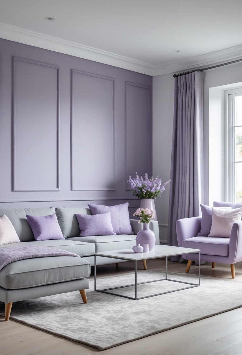 Living room with muted lavender walls and light gray furniture, featuring a sofa, coffee table, window, and decorative elements.