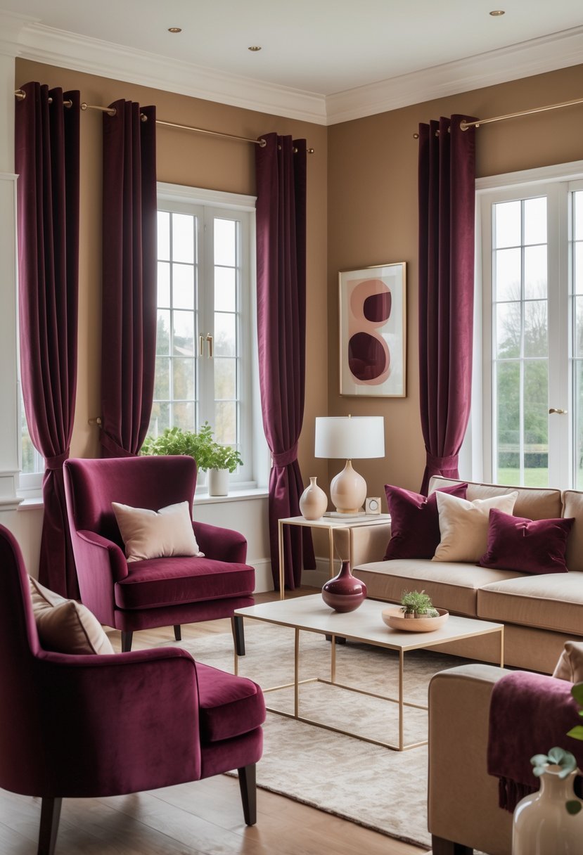 A living room with burgundy armchairs, a beige sofa, warm beige walls, and natural light coming through large windows.