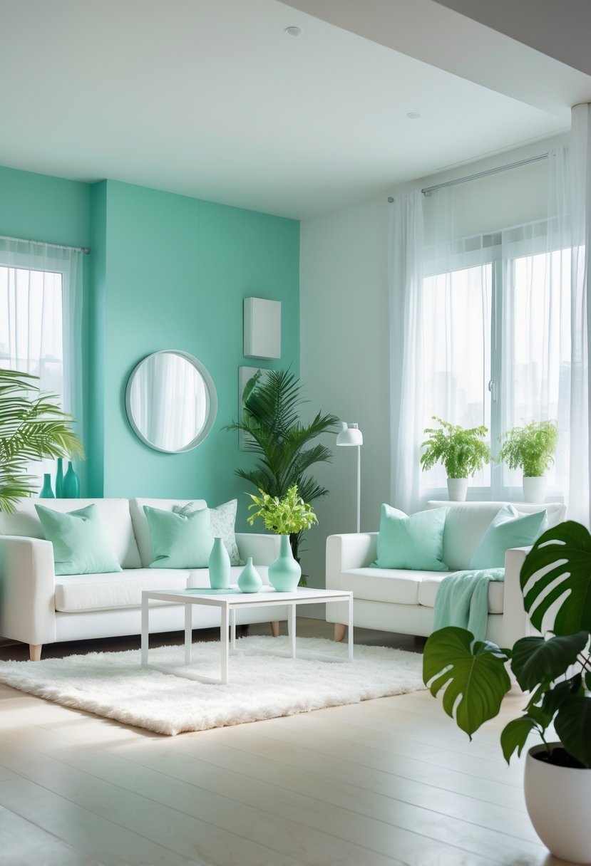 A bright living room with mint green walls, white sofa, and green plants by large windows.