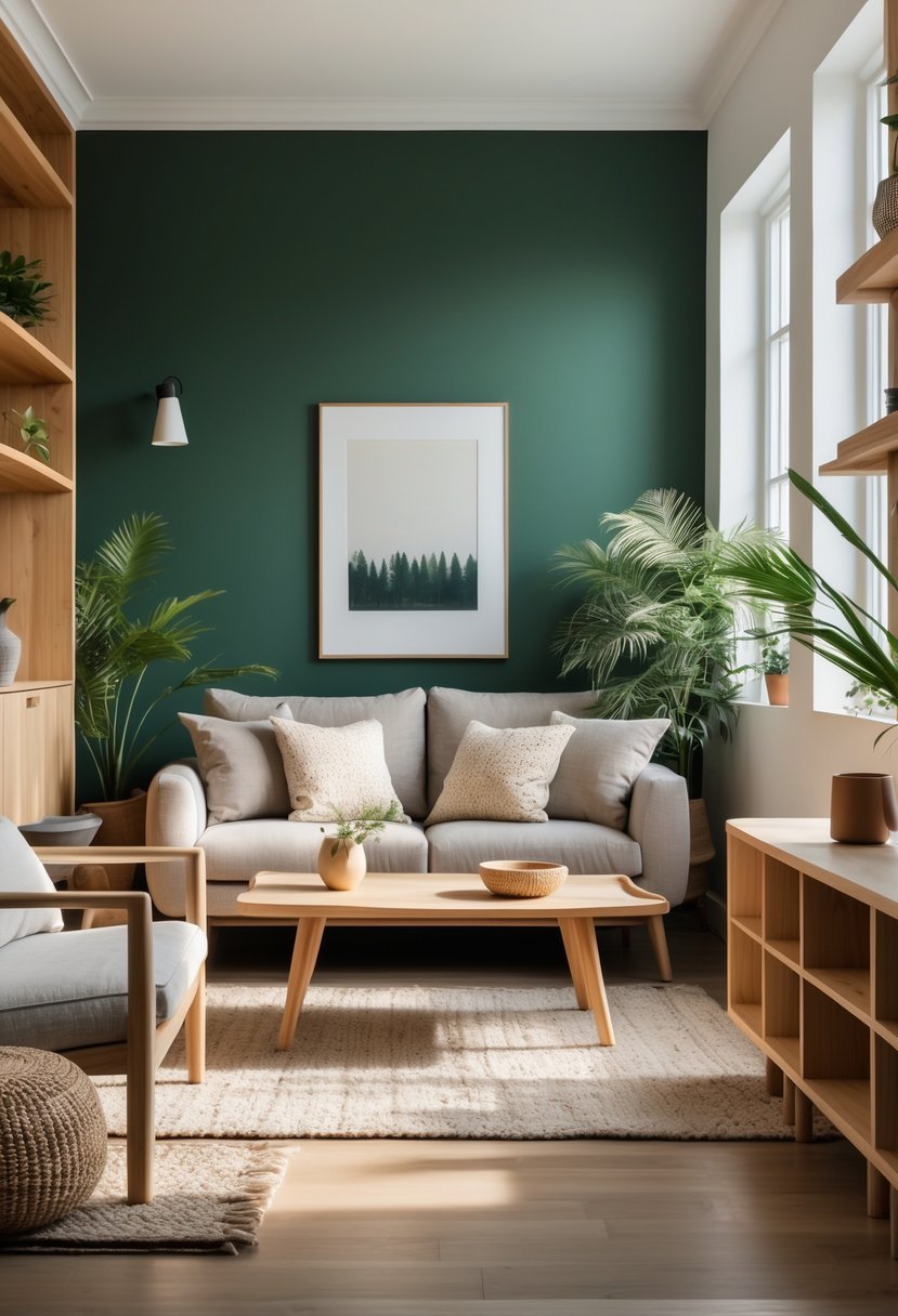 Living room with a deep green wall, natural wood furniture, and soft natural light.