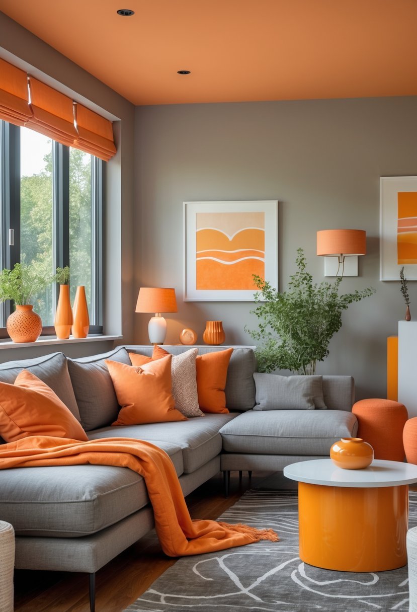 Living room interior with gray walls, a gray sofa, and orange cushions and decorations, illuminated by natural light.